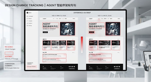 Monochrome interface showing dual screenshot difference heatmap with red bounding boxes tracking visual design changes on a web landing page, architectural Swiss style