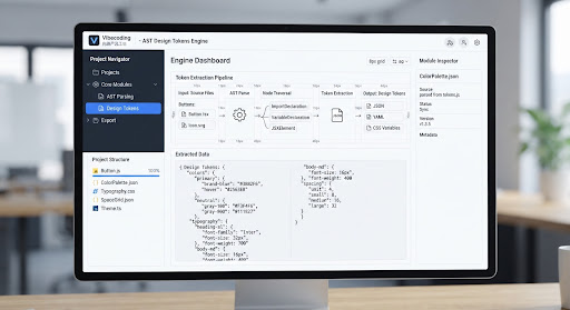 Editorial view of code AST parsing and design tokens extraction engine interface, high contrast clean monochromatic layout with nested JSON data structures, typography hierarchies, and architectural spacing guides.